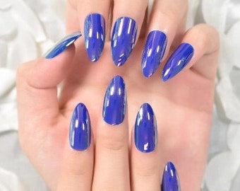 Glue On Press On Nails - Medium-Long Almond - Bright Blue Chrome/Holographic