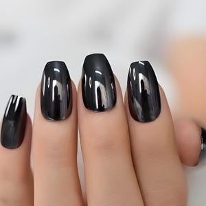 Glue On Press On Nails - Medium Ballerina/Coffin - Black Chrome Metallic