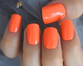 Glue On Press On Nails - Short-Medium Rounded Square - Bright Orange