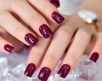 Glue On Press On Nails - Short Rounded Square - Wine