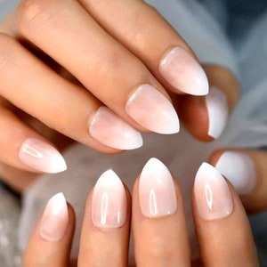 Glue On Press On Nails - Short Stiletto - French Ombre Sheer Pink and White