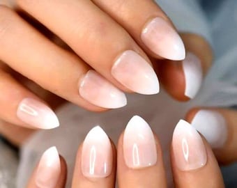 Glue On Press On Nails - Short Stiletto - French Ombre Sheer Pink and White