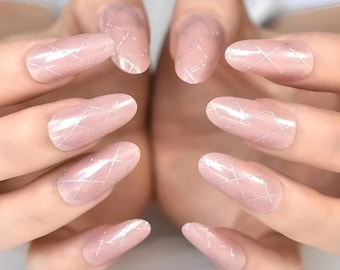 Glue On Press On Nails - Long Rounded Almond - Pink with Silver Glitter Grid Design