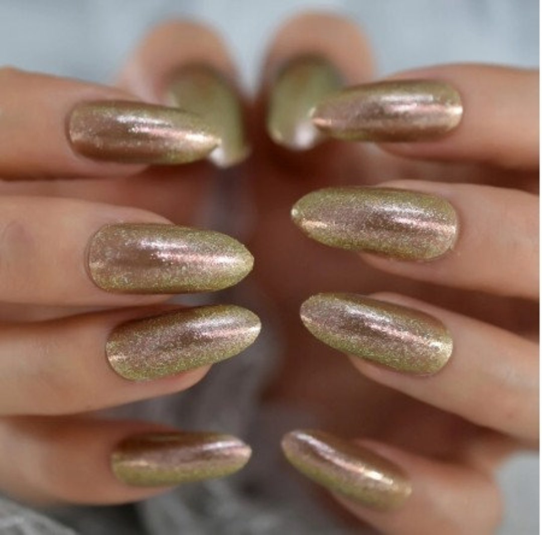 Glue on Press on Nails Extra Long Almond Gold Glitter - Etsy