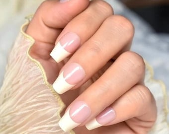 Glue On Press On Nails - Medium Ballerina - French Sheer Pink and Off-White