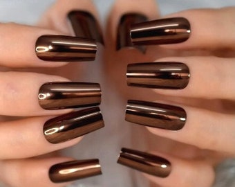 Glue On Press On Nails - Extra Long Square - Bronze Chrome