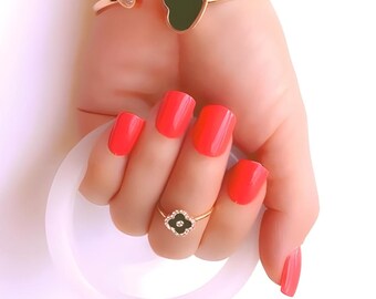 Glue On Press On Nails - Short Rounded Square -  Bright Raspberry Red
