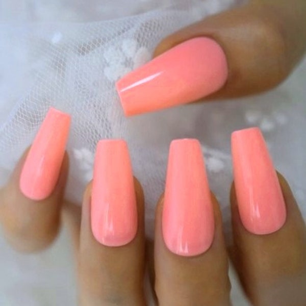 Glue On Press On Nails - Long Ballerina/Coffin - Bright Coral Pink