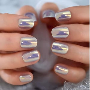 Glue On Press On Nails - Petite Short Rounded Square - Mauve Chrome/Holographic