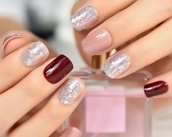 Glue On Press On Nails - Short Rounded Square - Light Mauve, Dark Red and Silver Glitter