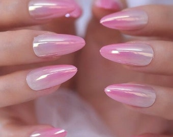 Glue On Press On Nails - Medium-Long Almond - Pink Ombre Metallic