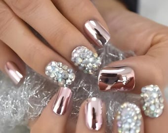 Glue On Press On Nails - Short-Medium Rounded Square - Pink Chrome and Rhinestones