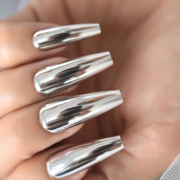 Glue On Press On Nails -Extra Long Coffin - Silver Chrome