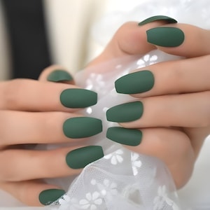 Glue On Press On Nails - Medium Ballerina/Coffin - Dark Green Matte