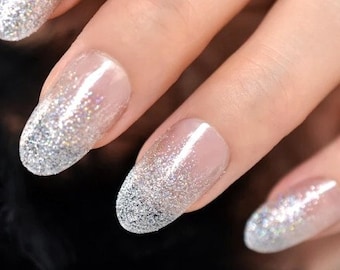 Glue On Press On Nails - Medium Long Oval - Clear with Silver Glitter French Tips