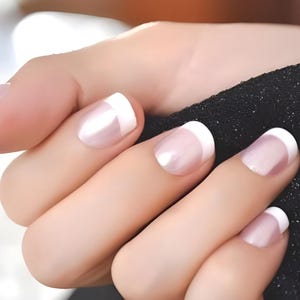 Glue On Press On Nails - Short Rounded Square - French Pearl Pink and White