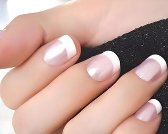 Glue On Press On Nails - Short Rounded Square - French Pearl Pink and White