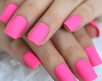 Glue On Press On Nails - Short-Medium Square - Hot Pink Matte