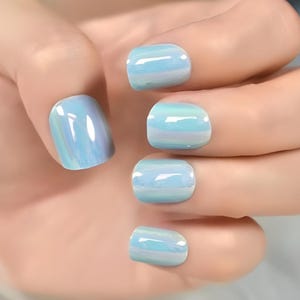 Glue On Press On Nails - Short Rounded Square - Light Blue Holographic Shimmer
