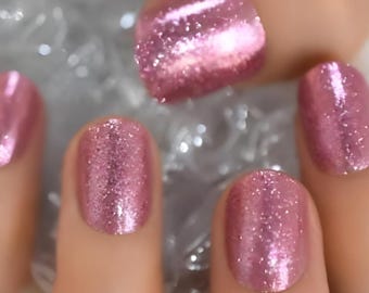 Glue On Press On Nails - Short Rounded Square - Medium Pink Glitter