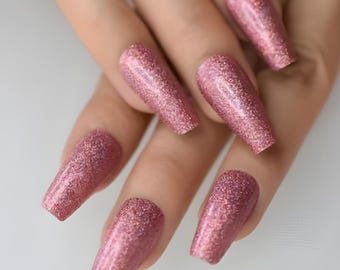 Glue On Press On Nails - Long Ballerina/Coffin - Medium Pink Glitter
