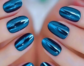 Glue On Press On Nails - Medium-Long Oval - Marine Blue Chrome