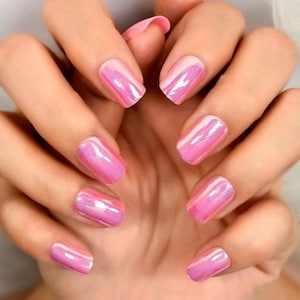 Glue On Press On Nails Short-Medium Rounded Square Pink Chrome/Holographic image 1