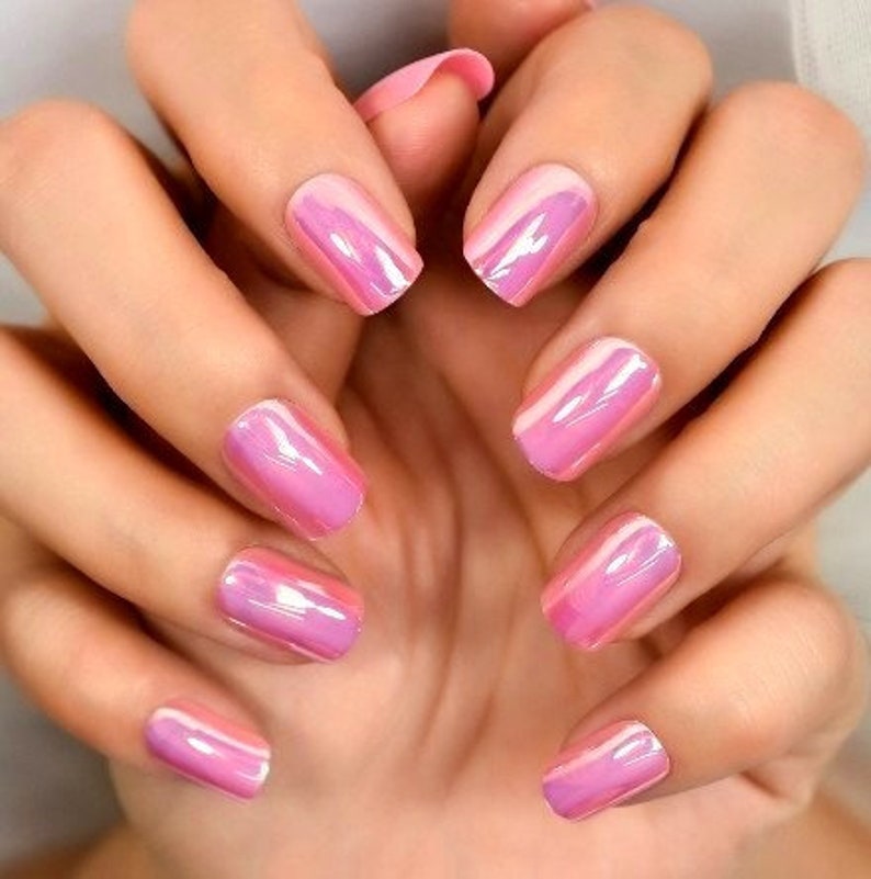 Glue On Press On Nails Short-Medium Rounded Square Pink Chrome/Holographic image 1