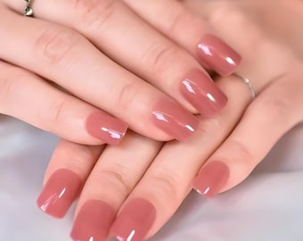 Glue On Press On Nails - Short Rounded Square - Dark Rose