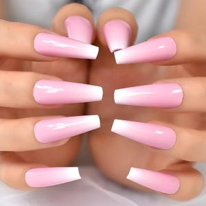 Glue On Press On Nails - Extra Long Coffin - French Ombre Medium Pink and White