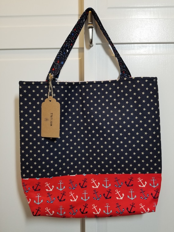 Red and Navy Blue Anchor Tote Bag