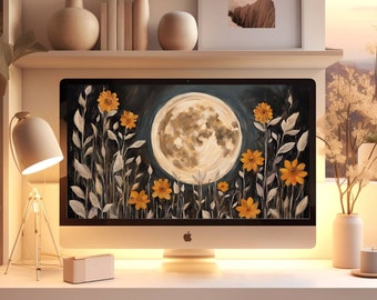 Aesthetic Fall Autumn October Moon Floral Desktop Wallpaper | iMAC Macbook Laptop Computer Screensaver Background Download