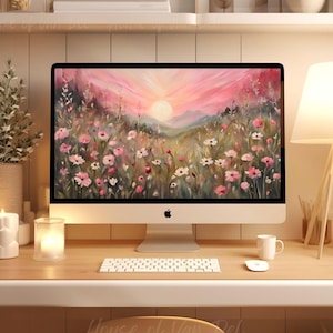 以下が含まれることがあります： ピンクと白の花が咲き乱れる野原と夕焼けのデジタルペイントが映し出されたコンピューターモニターです。