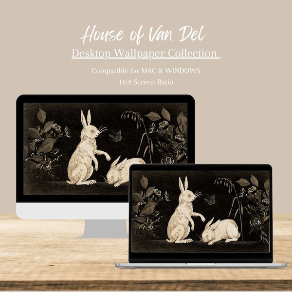 Desktop Laptop Wallpaper White Rabbit Dark Academia Computer iMAC  | Vintage Portrait Painting Bunny | Spring Floral Screensaver Background