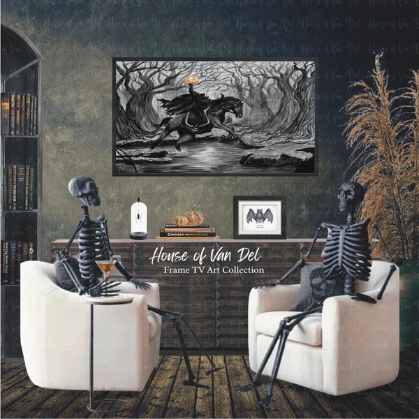 Sleepy Hollow Headless Horseman Samsung Frame TV Art | Black White Grey | Desktop Laptop Wallpaper| Digital Art Download Neutral Halloween