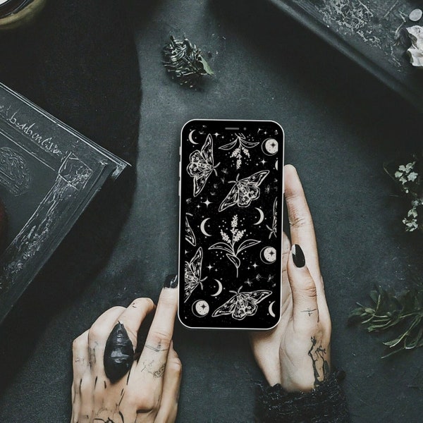 Goth Moon Moth Celestial Floral Phone Wallpaper | Aesthetic Home Lock Screen Background iPhone Samsung Halloween | Dark Academia Whimsy Goth