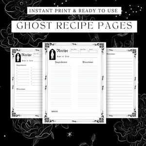 Gothic Ghost Recipe Pages Instant Download Printable Short Recipe Sheet Goth Aesthetic | Halloween Recipe Binder Page Dark Academia Kitchen
