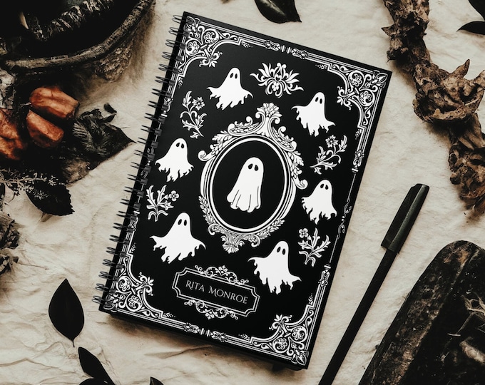 Personalized Custom Name Ghost Gothic Goth Spiral Notebook | Whimsigoth | Dark Academia Whimsy Goth Halloween Journal |