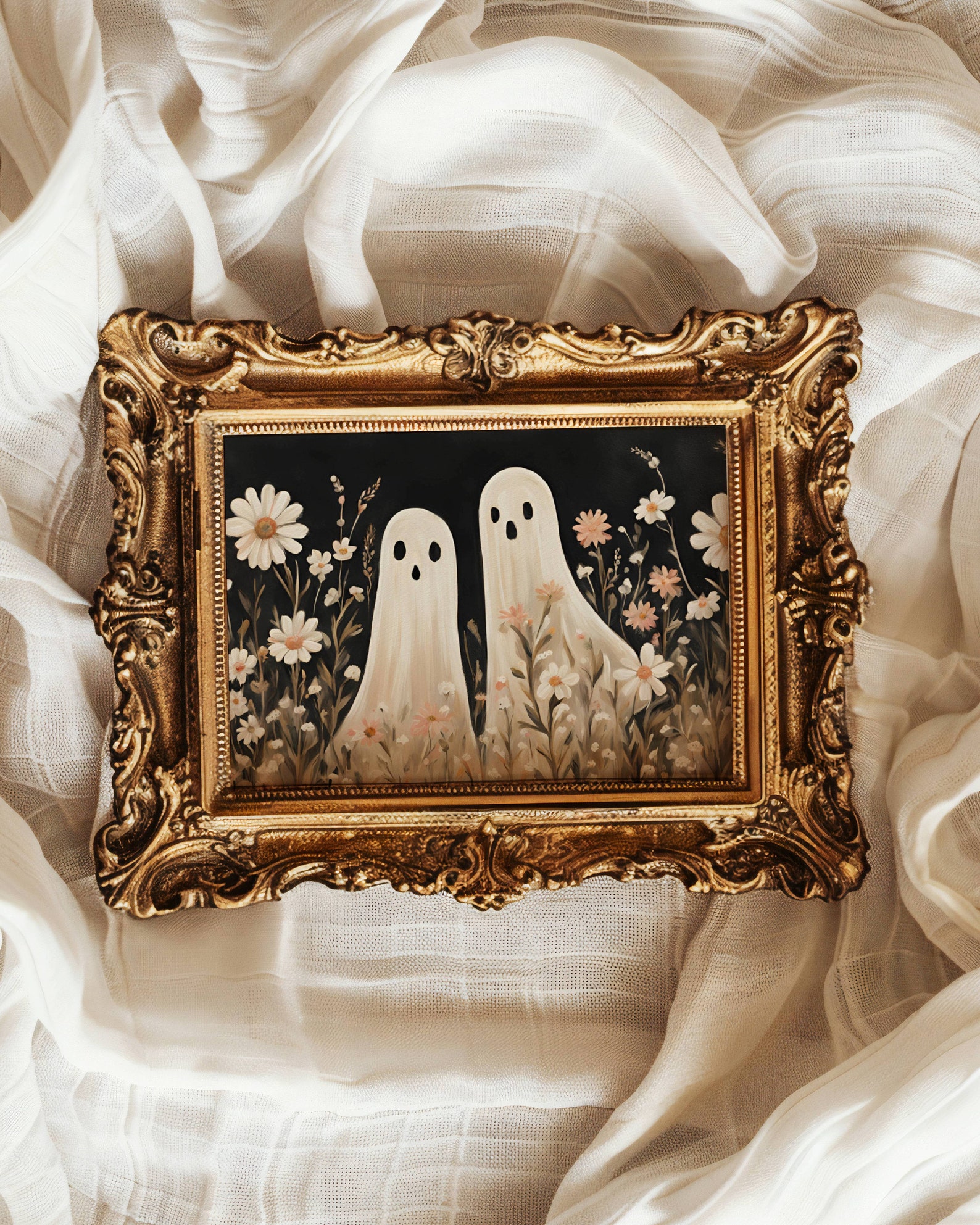 5x7 Inch Two Ghosts Floral Instant Art Print Download | Whimsy Goth Flowers | Whimsigoth Home Decor Printable | Summerween Cottagecore