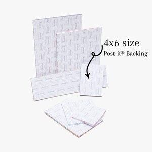 May include: Several stacks of Post-it notes with a 4x6 inch size, featuring a white backing with a repeating pattern. The notes are in various sizes and arrangements, with the text "Post-it Backing" visible.