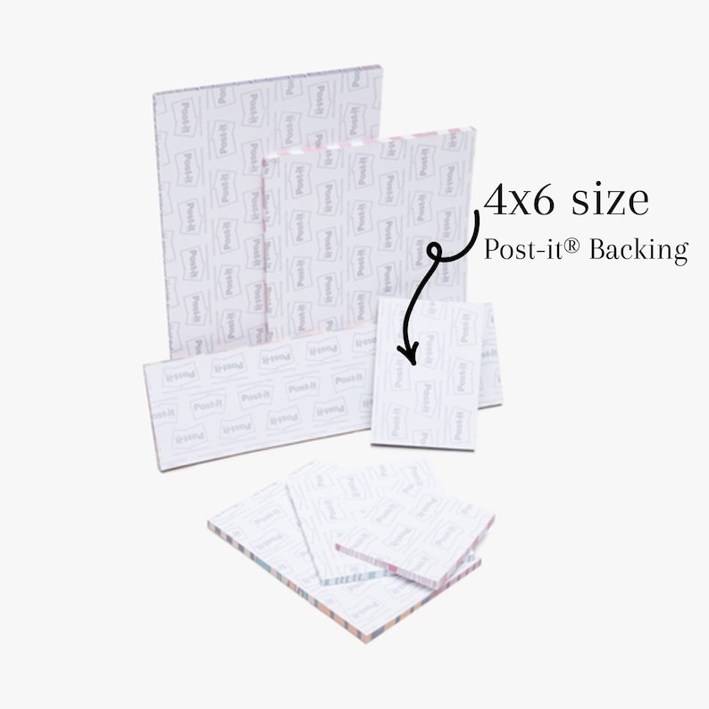 May include: Several stacks of Post-it notes with a 4x6 inch size, featuring a white backing with a repeating pattern. The notes are in various sizes and arrangements, with the text "Post-it Backing" visible.