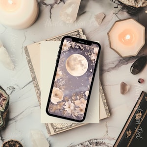 Whimsical Purple Full Moon Floral Phone Wallpaper Aesthetic Home Lock Screen Background iPhone  Whimsigoth Celestial Cottagecore Download