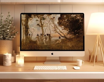 Gothic Neutral Halloween Dancing Witches in Forest Desktop iMac PC Wallpaper | Goth Witchcore Aesthetic | MacBook Laptop | Cottagecore