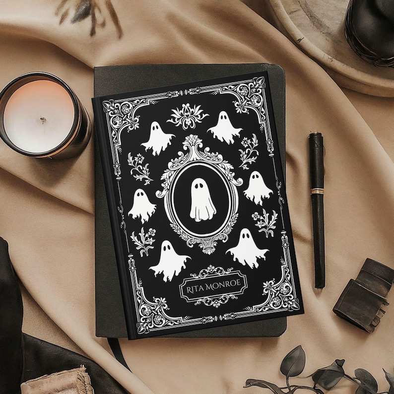 May include: A black journal with a white ghost design and the name "RITA MONROE" on the cover. The journal is surrounded by a candle, pen, and other items on a tan surface. The journal has a decorative border.