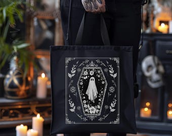 Ghost in Coffin Tote Bag | Floral Gothic Illustration, Halloween