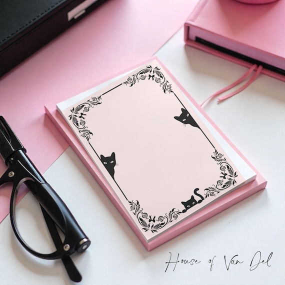 Peek A Boo Black Kitty Cat Pink Post-it® Sticky Notes Gothic Notepad Creepy Spooky Stationery Teacher Student Office