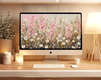 Aesthetic Spring Summer Vintage Floral Desktop Wallpaper | iMAC Macbook Laptop Computer Screensaver Background Download Pink Lilac Neutral