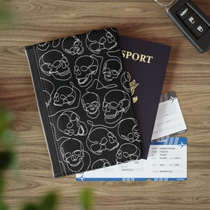 Funda para pasaporte con diseño de calavera gótica, estilo chic y minimalista, organizador de viaje gótico, funda protectora para pasaporte y portadocumentos.