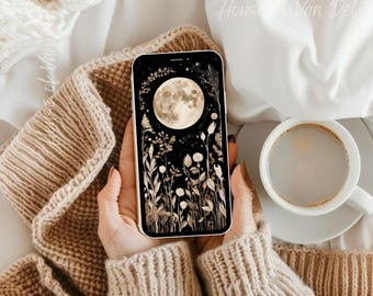 Moody Neutral Full Moon Botanical Phone Wallpaper | Aesthetic Home Lock Screen Background iPhone Whimsical Whimsigoth Celestial Trendy