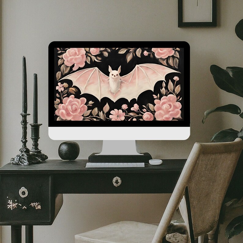 Whimsigoth Pink Bat Floral Halloween Desktop Computer Imac MacBook ...